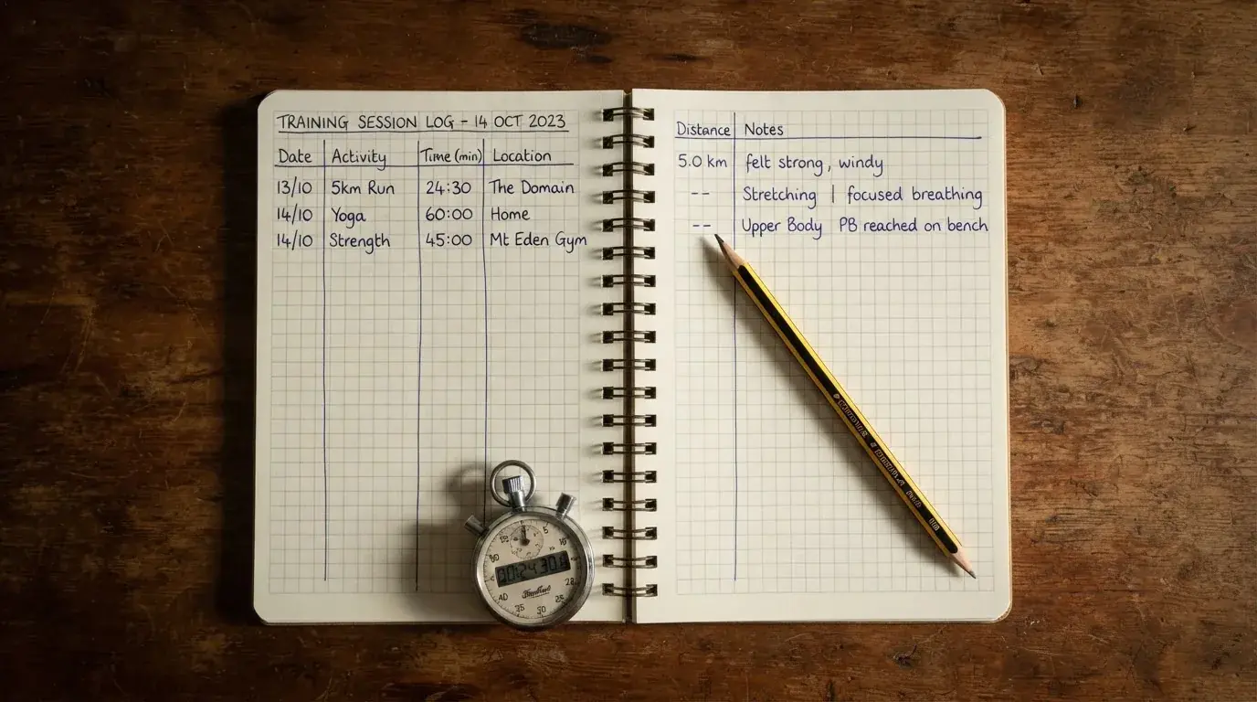 An open notebook with a pencil and a stopwatch on a wooden table