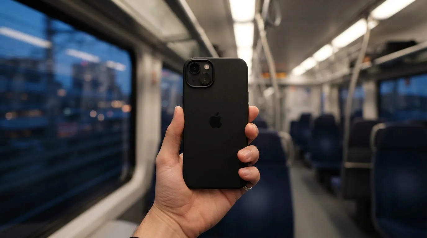 A hand holding a smartphone on a train in the evening, screen turned away