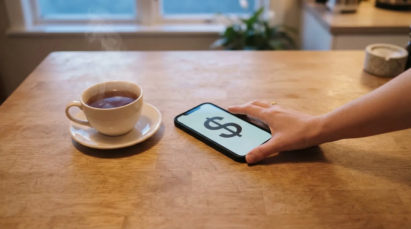 A hand setting a smartphone down beside a cup of tea on a kitchen table on a quiet evening